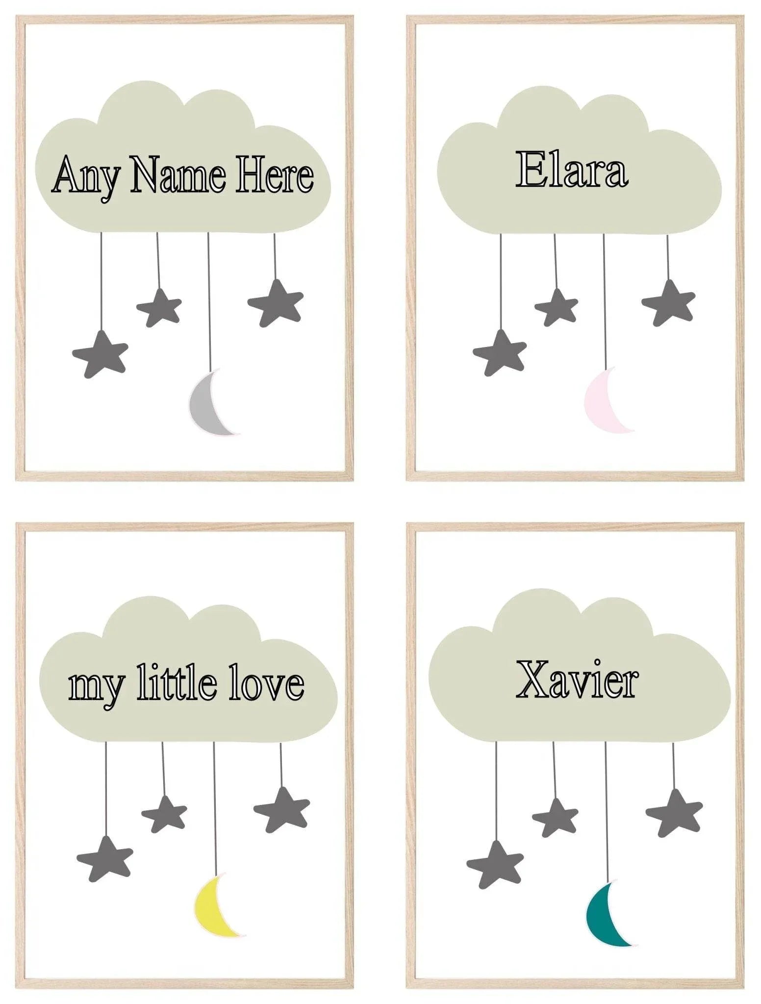 Personalised Kids Cloud Name Print | Nursery Stars & Moon Wall Art - Larosier Prints