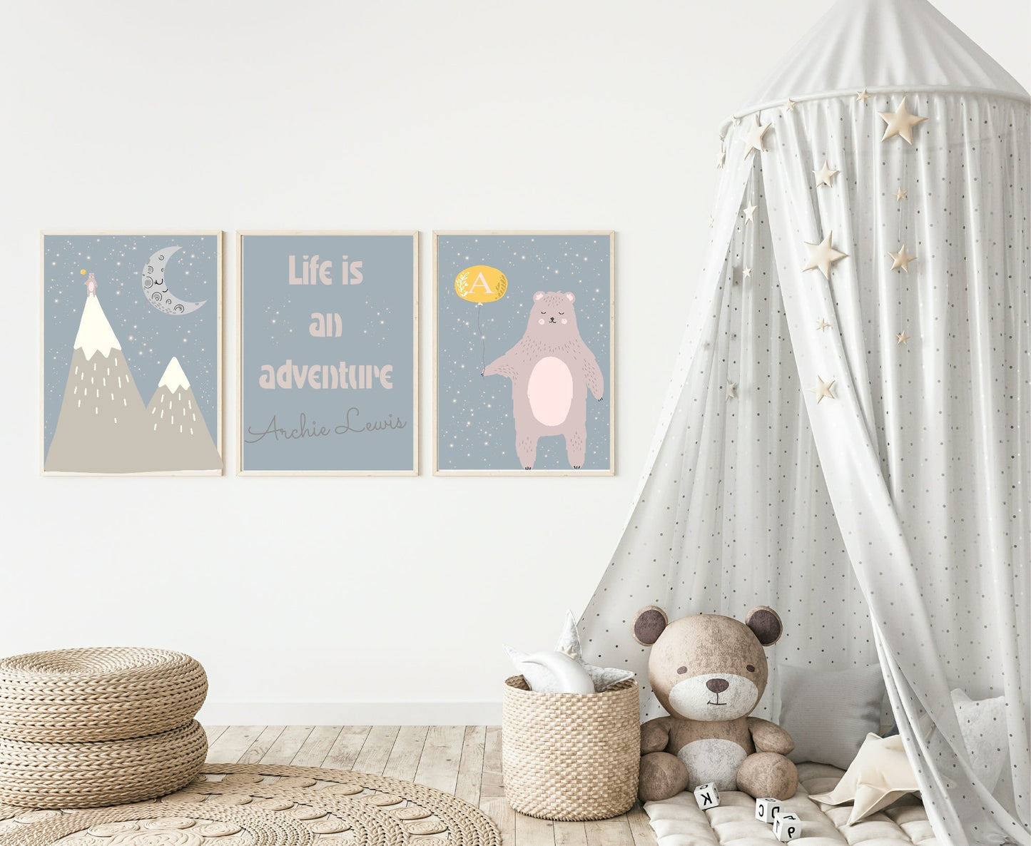 Personalised Set Of 3 Bear On A Mountain Prints | Nursery Wall Art