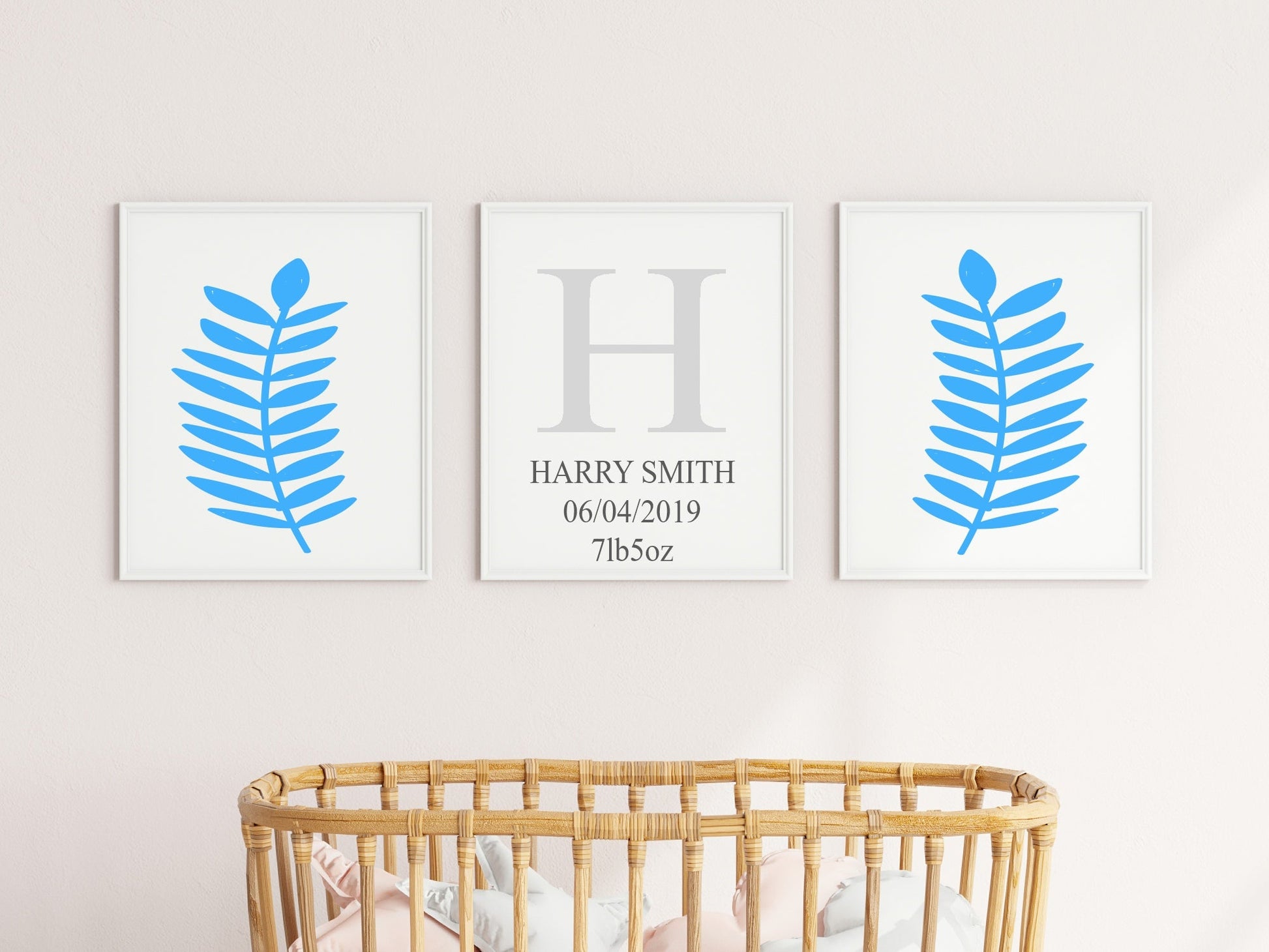 Personalised Set of 3 Blue Leaf Prints | Nursery Wall Art