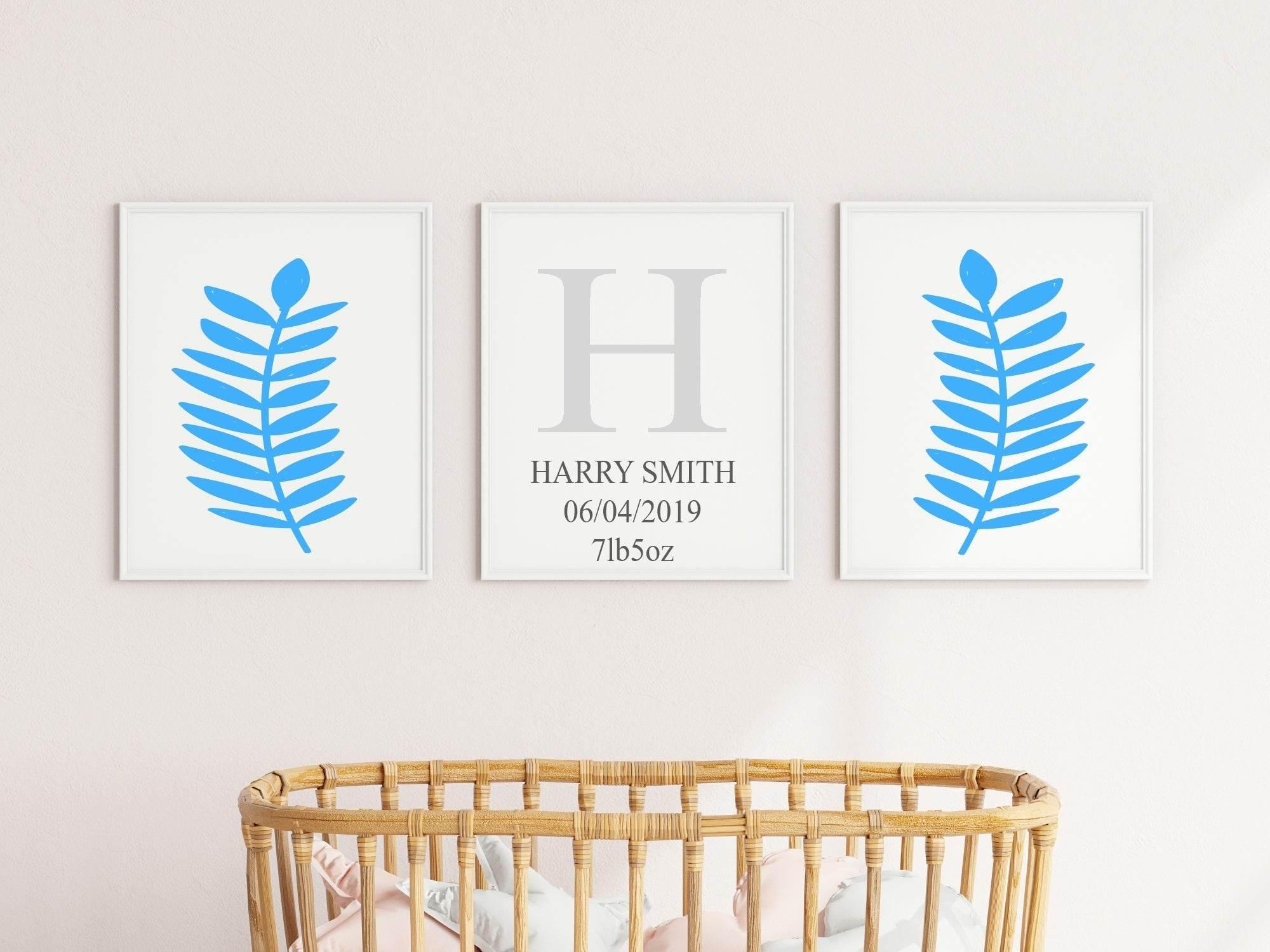 Personalised Set of 3 Blue Leaf Prints | Nursery Wall Art - Larosier Prints