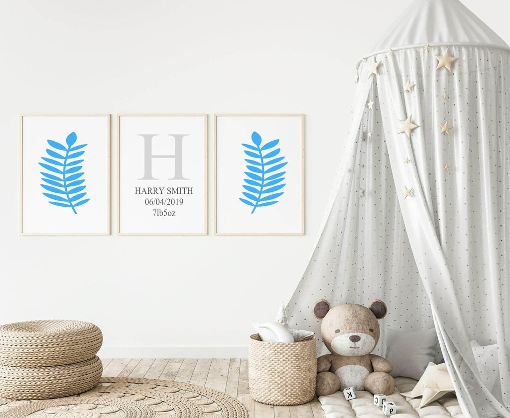 Personalised Set of 3 Blue Leaf Prints | Nursery Wall Art - Larosier Prints