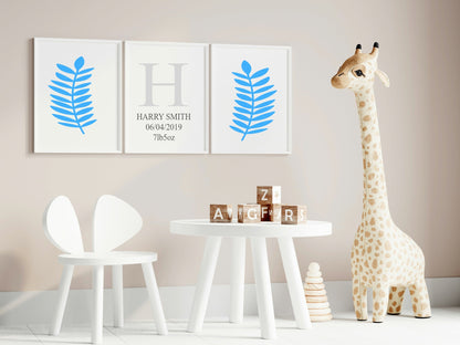 Personalised Set of 3 Blue Leaf Prints | Nursery Wall Art