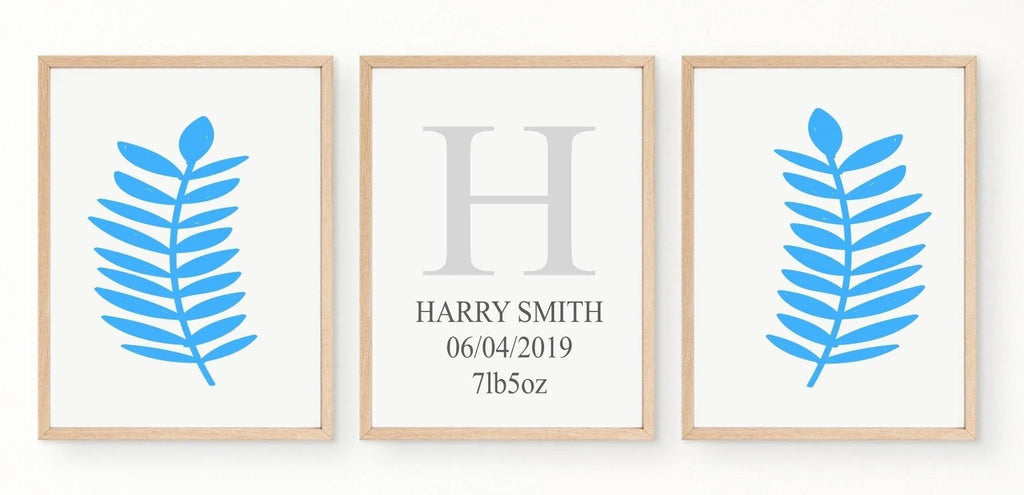 Personalised Set of 3 Blue Leaf Prints | Nursery Wall Art - Larosier Prints