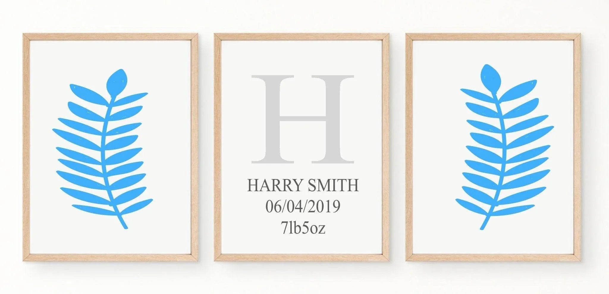 Personalised Set of 3 Blue Leaf Prints | Nursery Wall Art - Larosier Prints