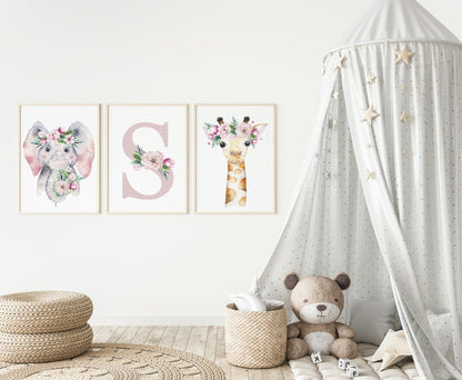 Personalised Set Of 3 Floral Animal Prints | Watercolour Wall Art | Gillie The Giraffe & Emmie The Elephant