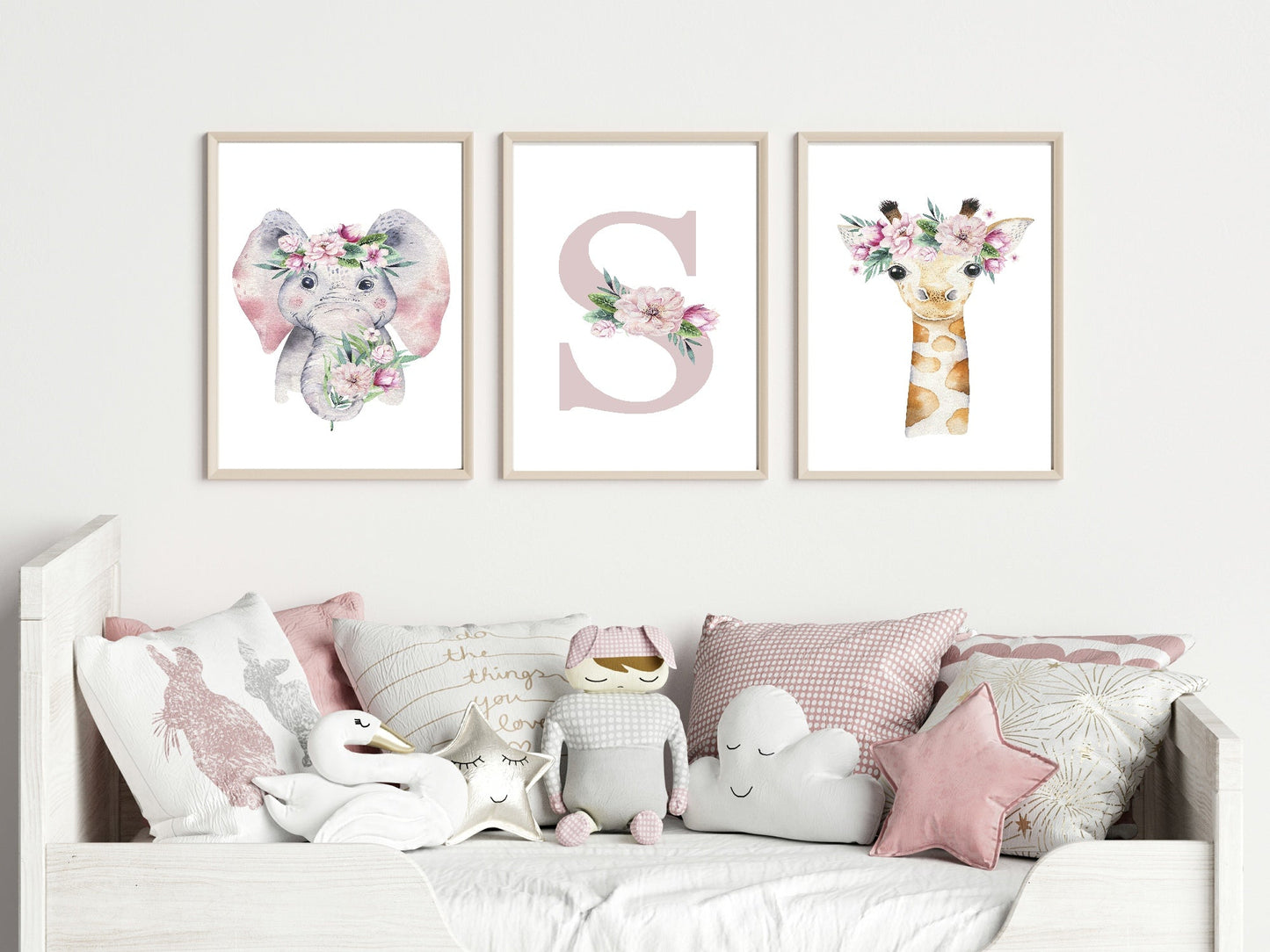 Personalised Set Of 3 Floral Animal Prints | Watercolour Wall Art | Gillie The Giraffe & Emmie The Elephant