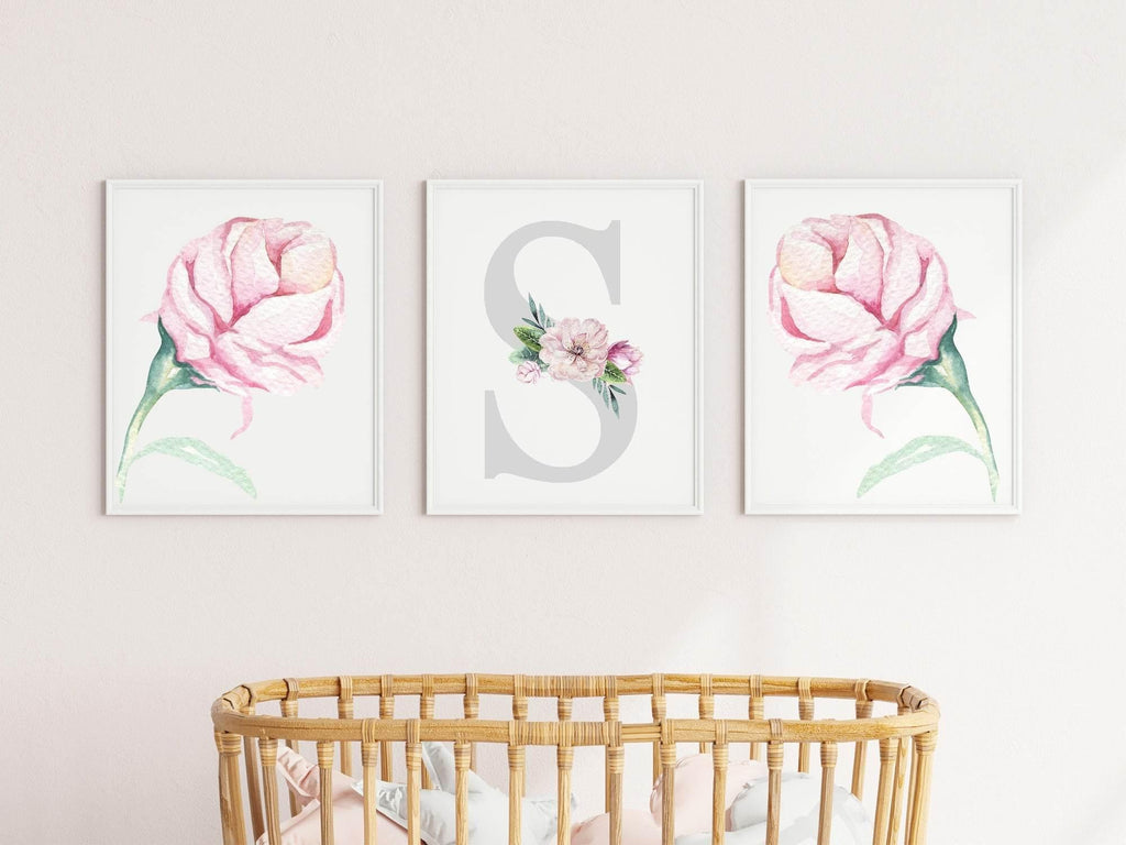 Personalised Set Of 3 Name & Initial Print | Roses Wall Art | Nursery Print - Larosier Prints