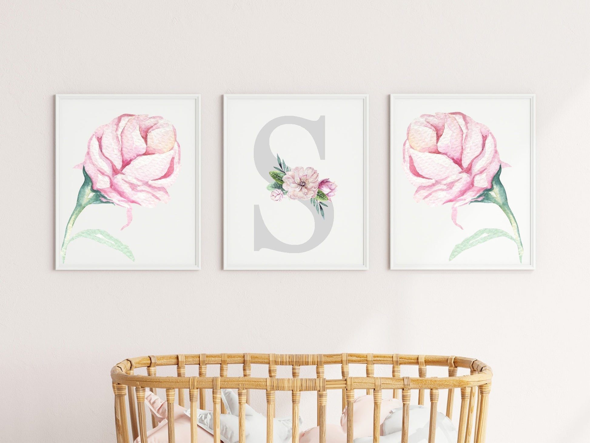 Personalised Set Of 3 Name & Initial Print | Roses Wall Art | Nursery Print