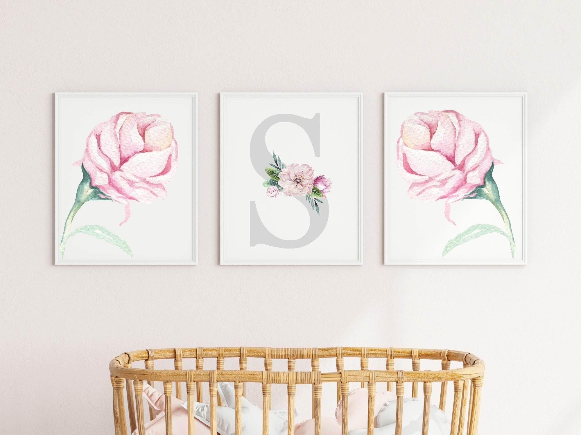 Personalised Set Of 3 Name & Initial Print | Roses Wall Art | Nursery Print - Larosier Prints
