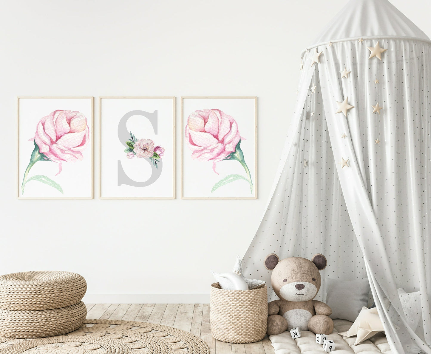 Personalised Set Of 3 Name & Initial Print | Roses Wall Art | Nursery Print