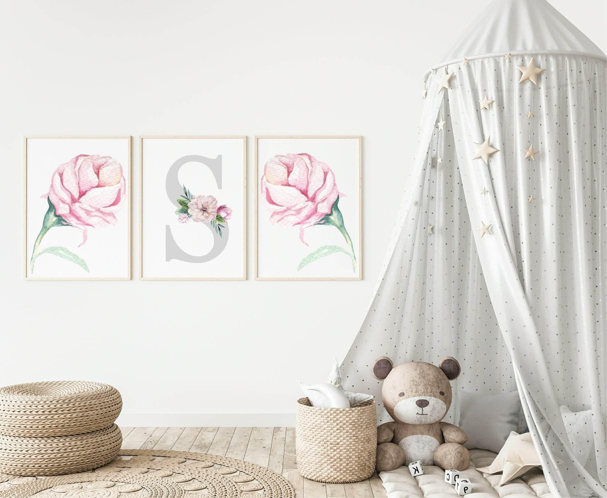 Personalised Set Of 3 Name & Initial Print | Roses Wall Art | Nursery Print - Larosier Prints
