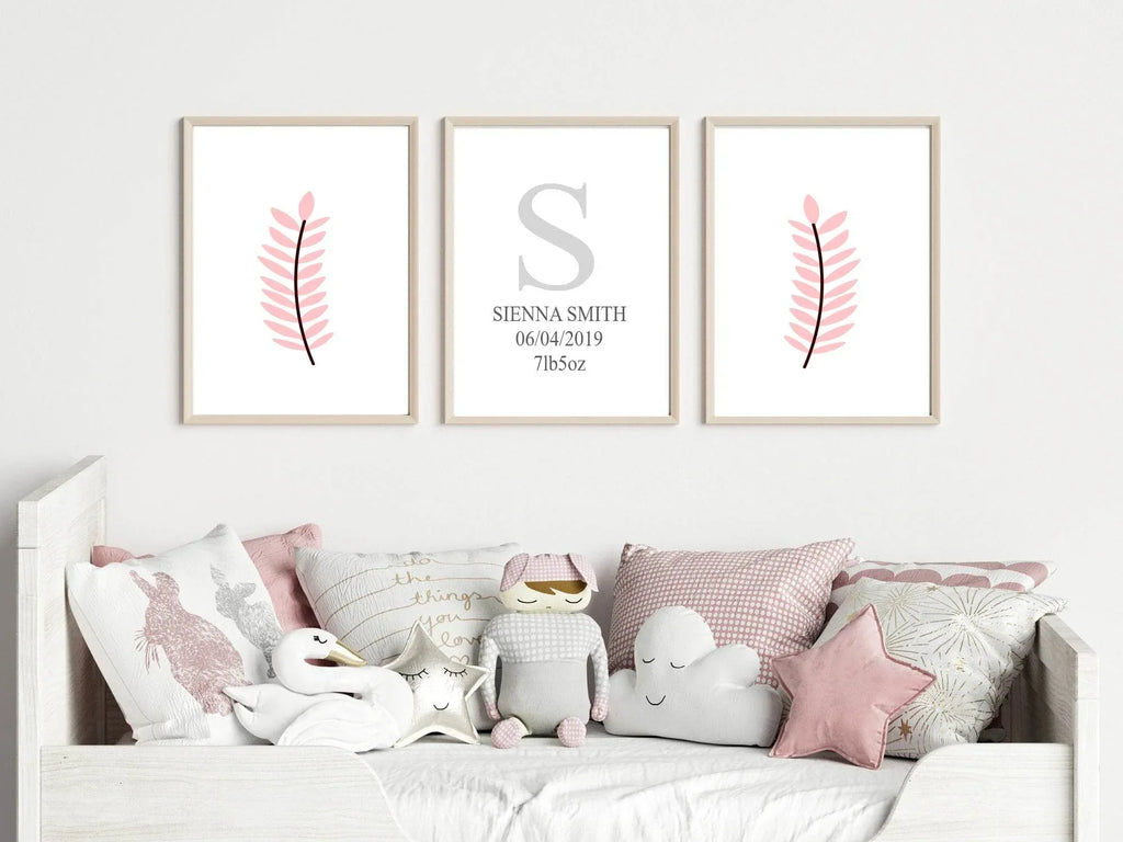 Personalised Set Of 3 Pink Leaf Prints | Nursery Wall Art - Larosier Prints