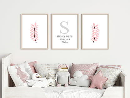 Personalised Set Of 3 Pink Leaf Prints | Nursery Wall Art