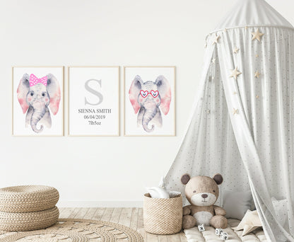 Personalised Set Of 3 Watercolour Animal Prints | Emmie The Elephant All Dressed Up In Pink