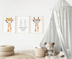 Personalised Set Of 3 Watercolour Animal Prints | Gillie the Giraffe All Dressed Up Crown Wal Art - Larosier Prints