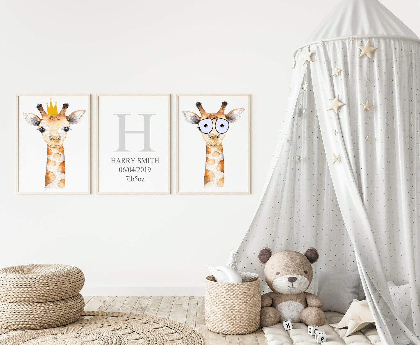 Personalised Set Of 3 Watercolour Animal Prints | Gillie the Giraffe All Dressed Up Crown Wal Art