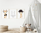 Personalised Set of 3 Watercolour Animal Prints | Gillie The Giraffe All Dressed Up Wall Art - Larosier Prints