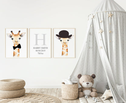 Personalised Set of 3 Watercolour Animal Prints | Gillie The Giraffe All Dressed Up Wall Art