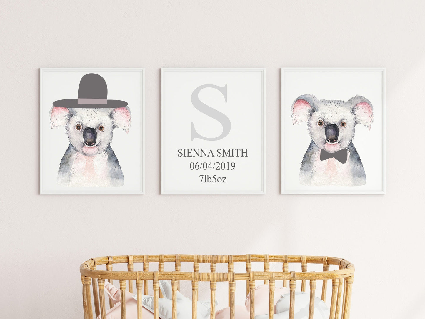 Personalised Set Of 3 Watercolour Animal Prints | Kiki The Koala All Dressed Up | Nursery Wall Art