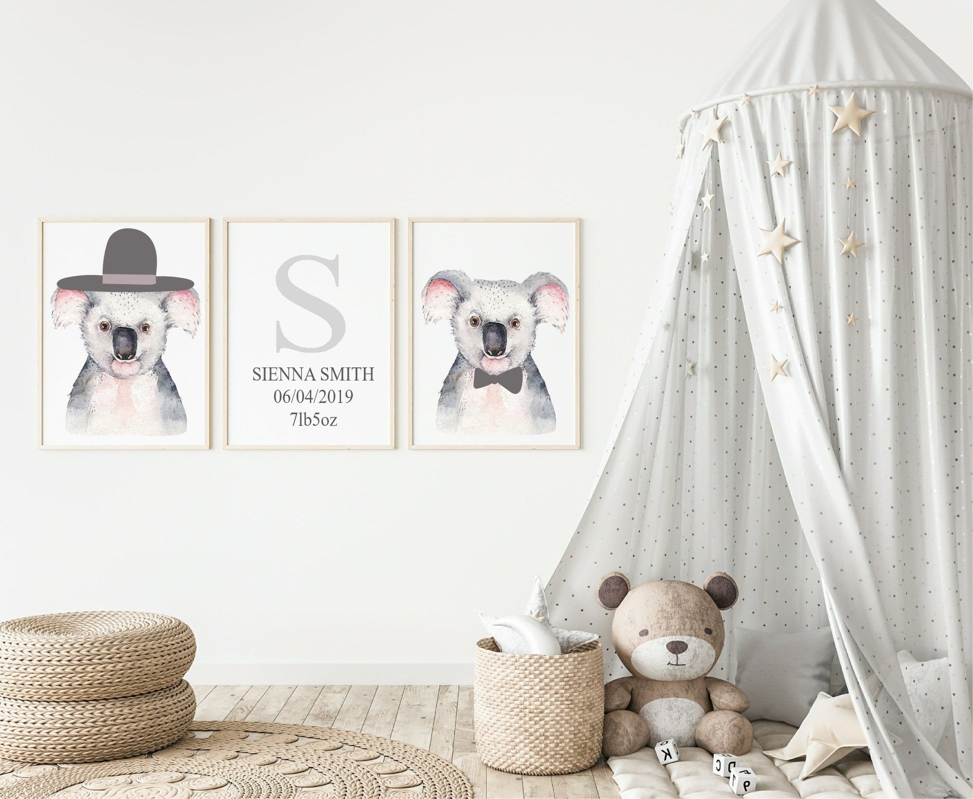 Personalised Set Of 3 Watercolour Animal Prints | Kiki The Koala All Dressed Up | Nursery Wall Art