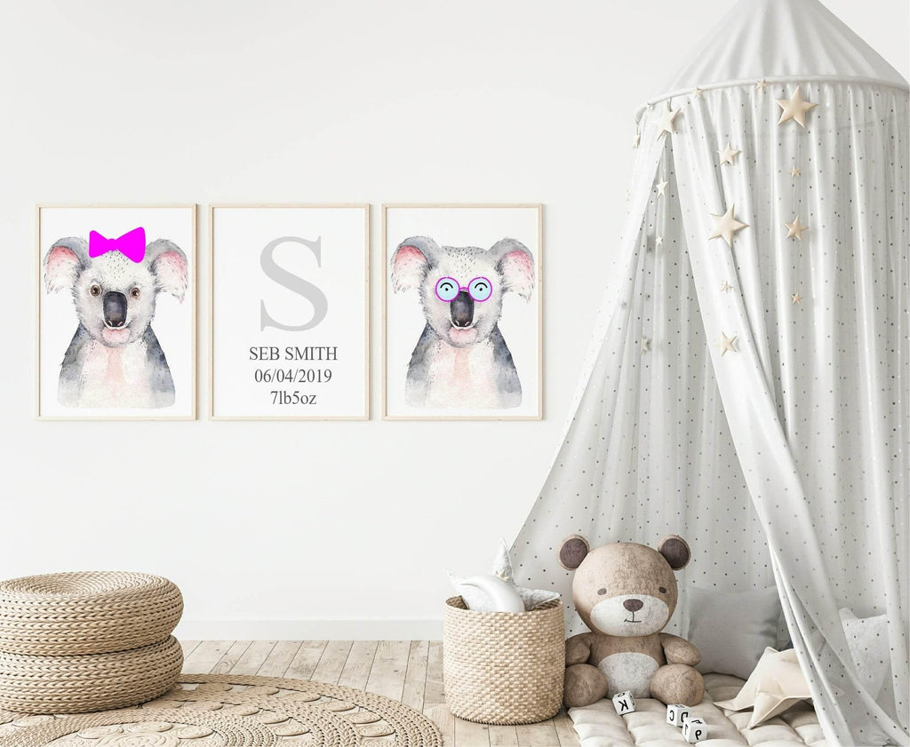Personalised Set Of 3 Watercolour Animal Prints | Kiki The Koala All Dressed Up | Pink Bow | Nursery Wall Art - Larosier Prints