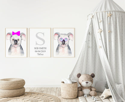 Personalised Set Of 3 Watercolour Animal Prints | Kiki The Koala All Dressed Up | Pink Bow | Nursery Wall Art