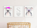 Personalised Set Of 3 Watercolour Animal Prints | Kiki The Koala All Dressed Up | Pink Bow | Nursery Wall Art - Larosier Prints