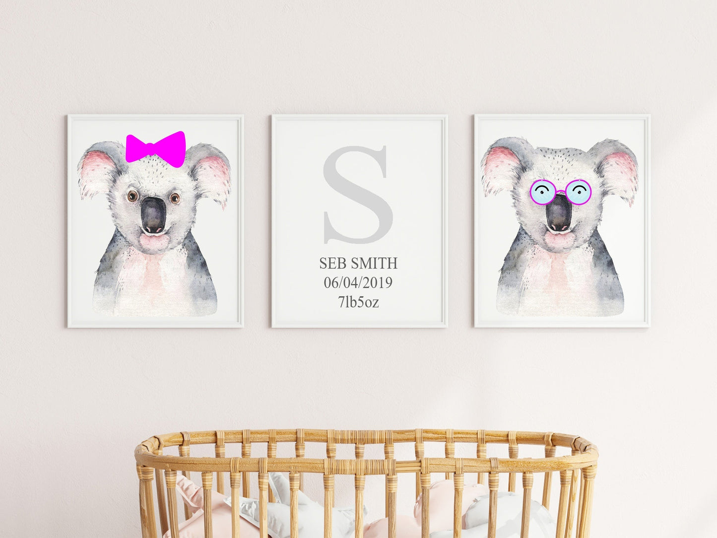 Personalised Set Of 3 Watercolour Animal Prints | Kiki The Koala All Dressed Up | Pink Bow | Nursery Wall Art