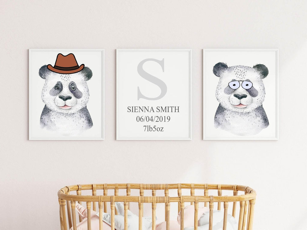Personalised Set Of 3 Watercolour Animal Prints | Penelope The Panda All Dressed Up | Nursery Wall Art - Larosier Prints