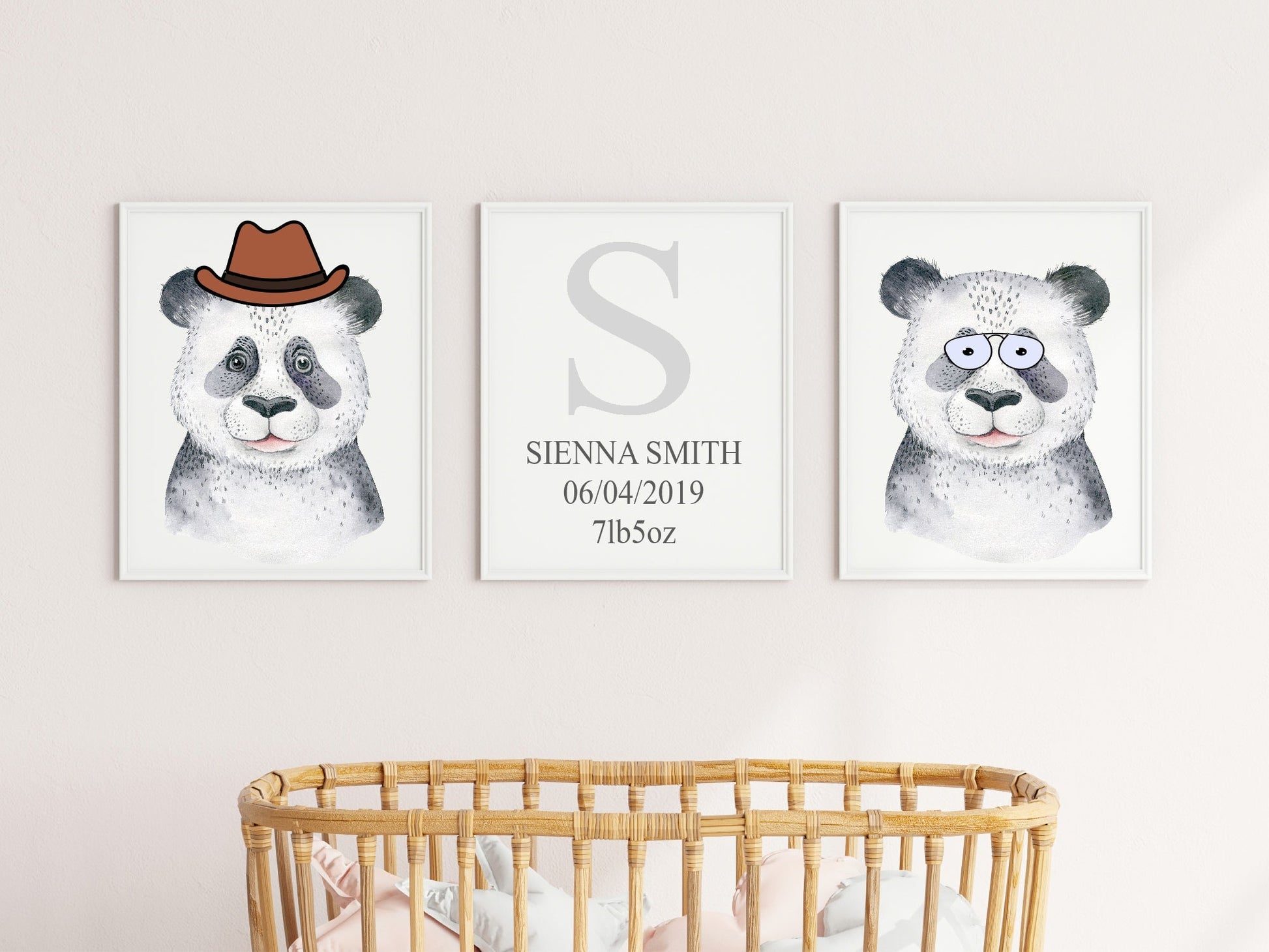 Personalised Set Of 3 Watercolour Animal Prints | Penelope The Panda All Dressed Up | Nursery Wall Art