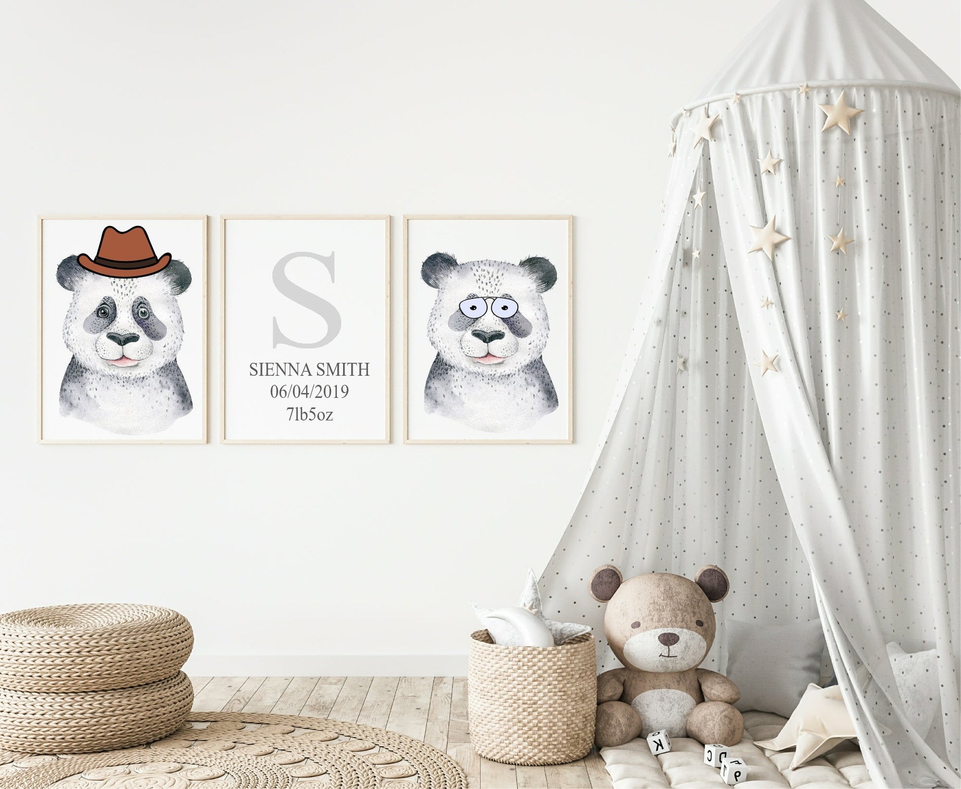 Personalised Set Of 3 Watercolour Animal Prints | Penelope The Panda All Dressed Up | Nursery Wall Art