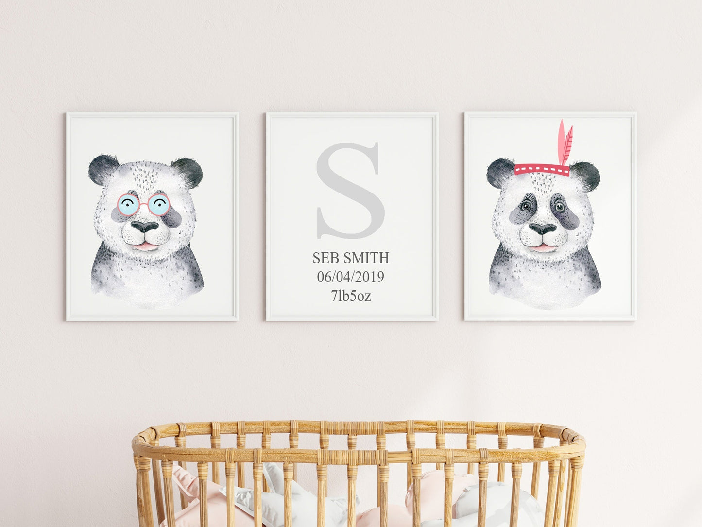 Personalised Set Of 3 Watercolour Animal Prints | Penelope The Panda All Dressed Up | Red Headband | Nursery Wall Art