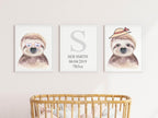 Personalised Set Of 3 Watercolour Animal Prints | Suzie The Sloth All Dressed Up | Nursery Wall Art - Larosier Prints