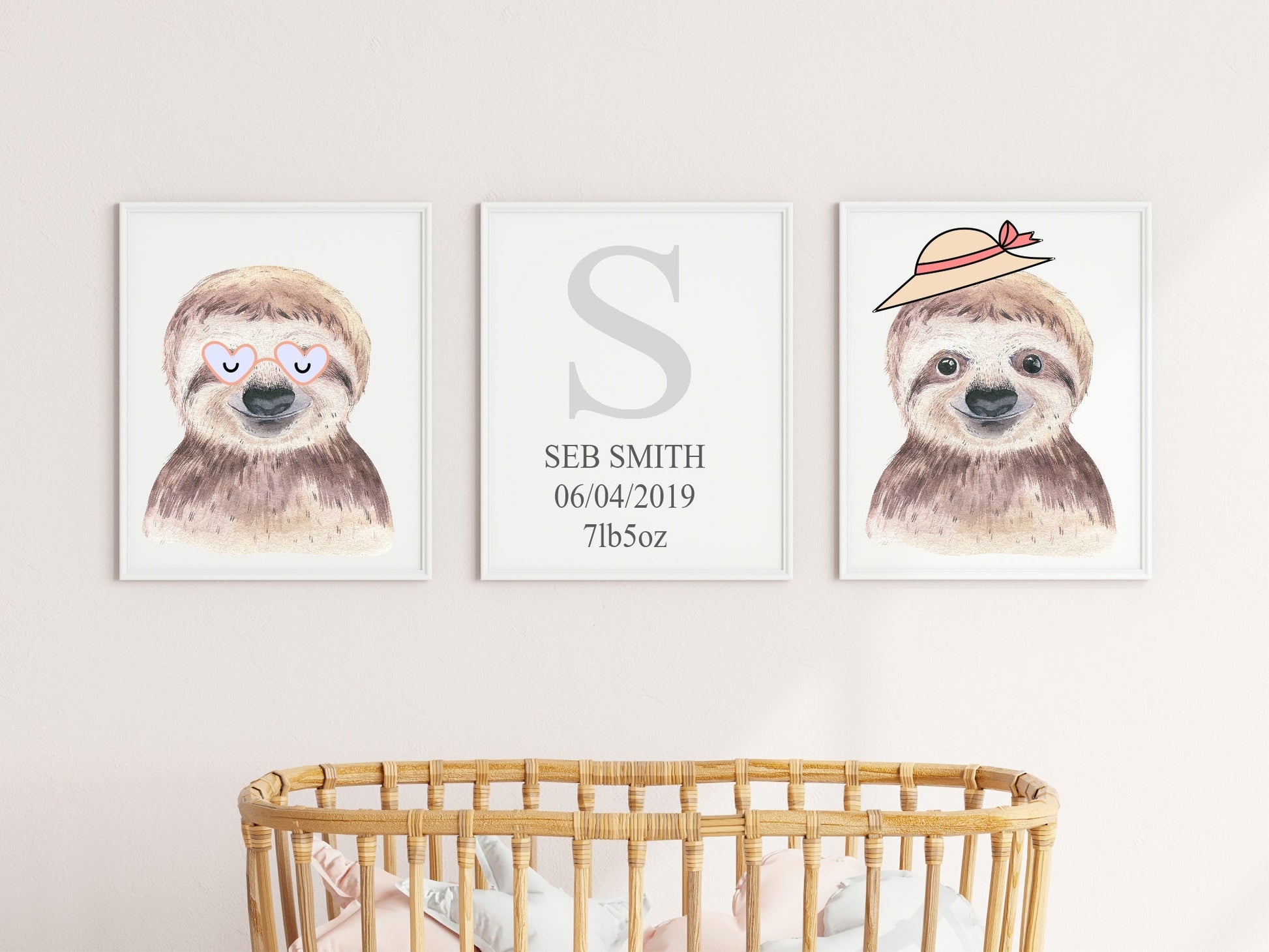 Personalised Set Of 3 Watercolour Animal Prints | Suzie The Sloth All Dressed Up | Nursery Wall Art