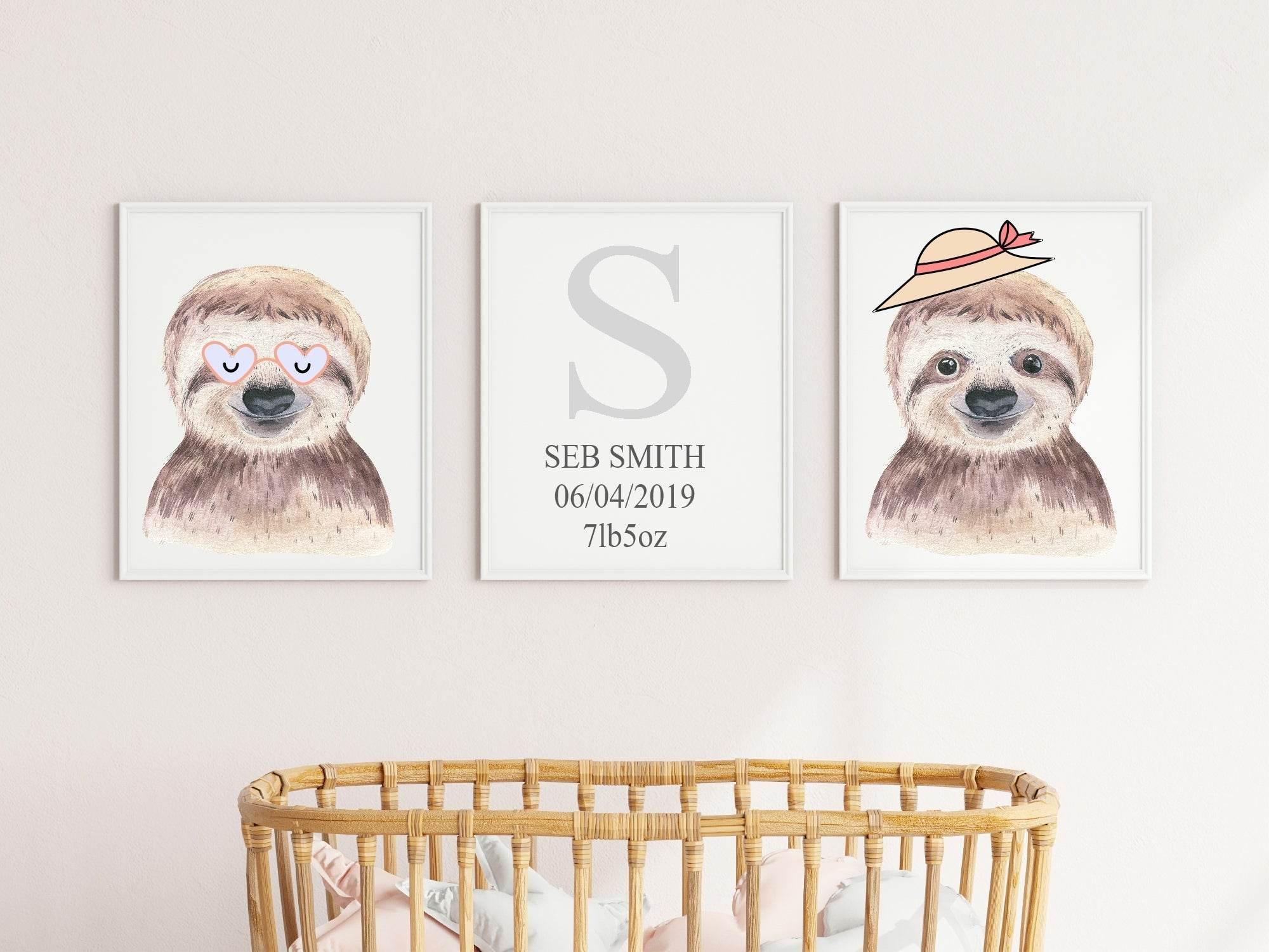 Personalised Set Of 3 Watercolour Animal Prints | Suzie The Sloth All Dressed Up | Nursery Wall Art - Larosier Prints
