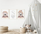 Personalised Set Of 3 Watercolour Animal Prints | Suzie The Sloth All Dressed Up | Nursery Wall Art - Larosier Prints