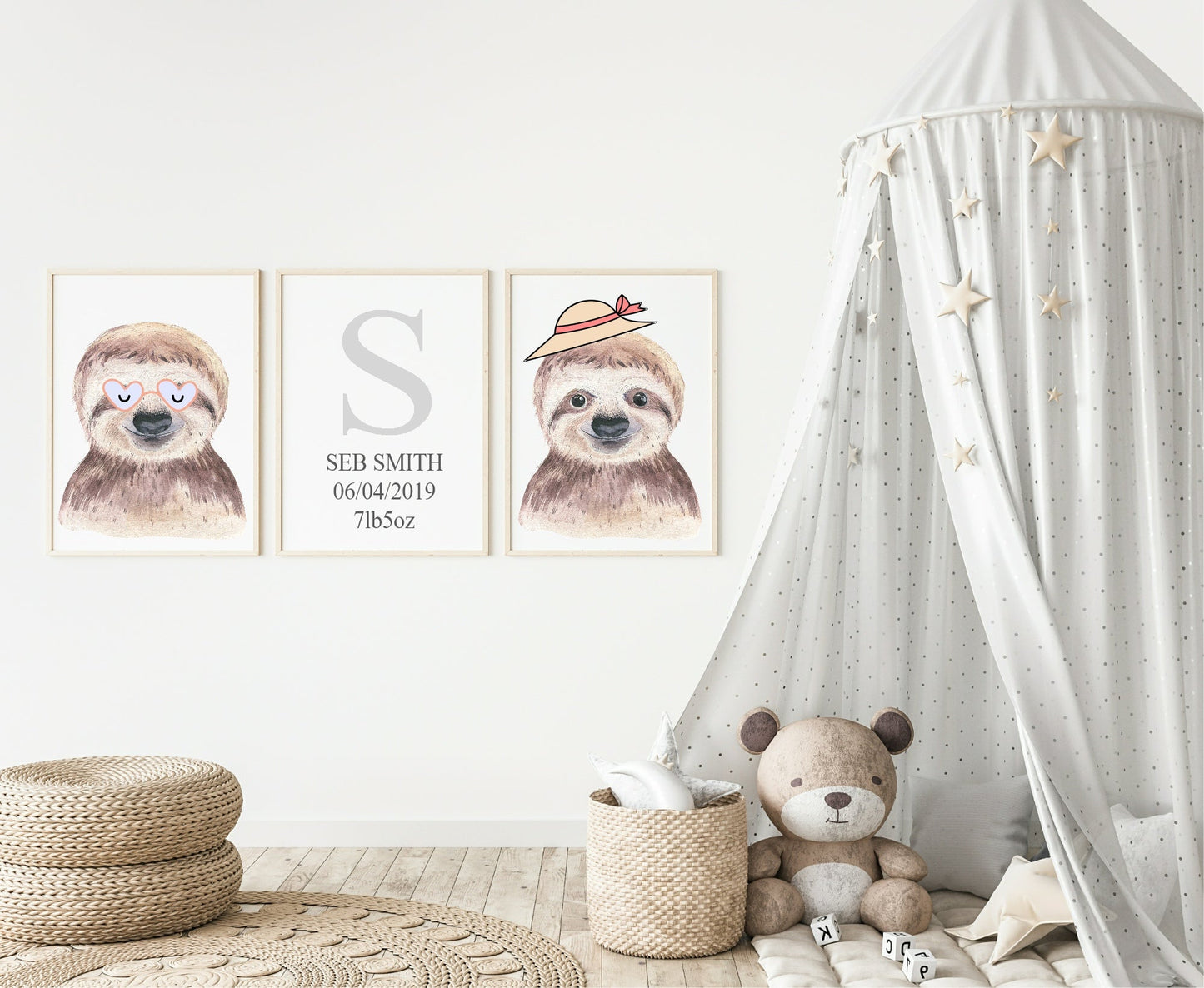 Personalised Set Of 3 Watercolour Animal Prints | Suzie The Sloth All Dressed Up | Nursery Wall Art