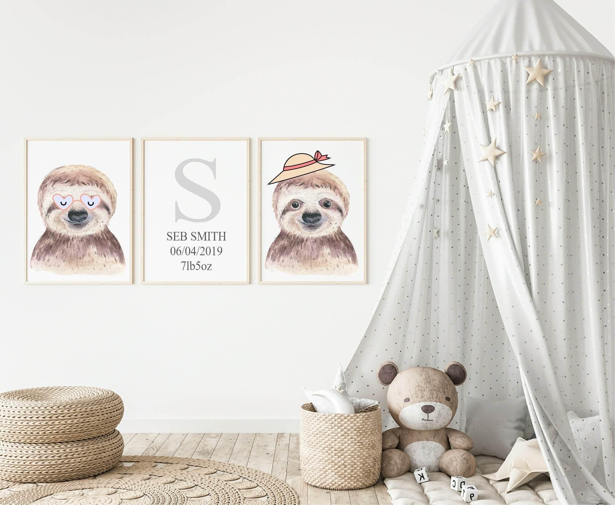 Personalised Set Of 3 Watercolour Animal Prints | Suzie The Sloth All Dressed Up | Nursery Wall Art - Larosier Prints