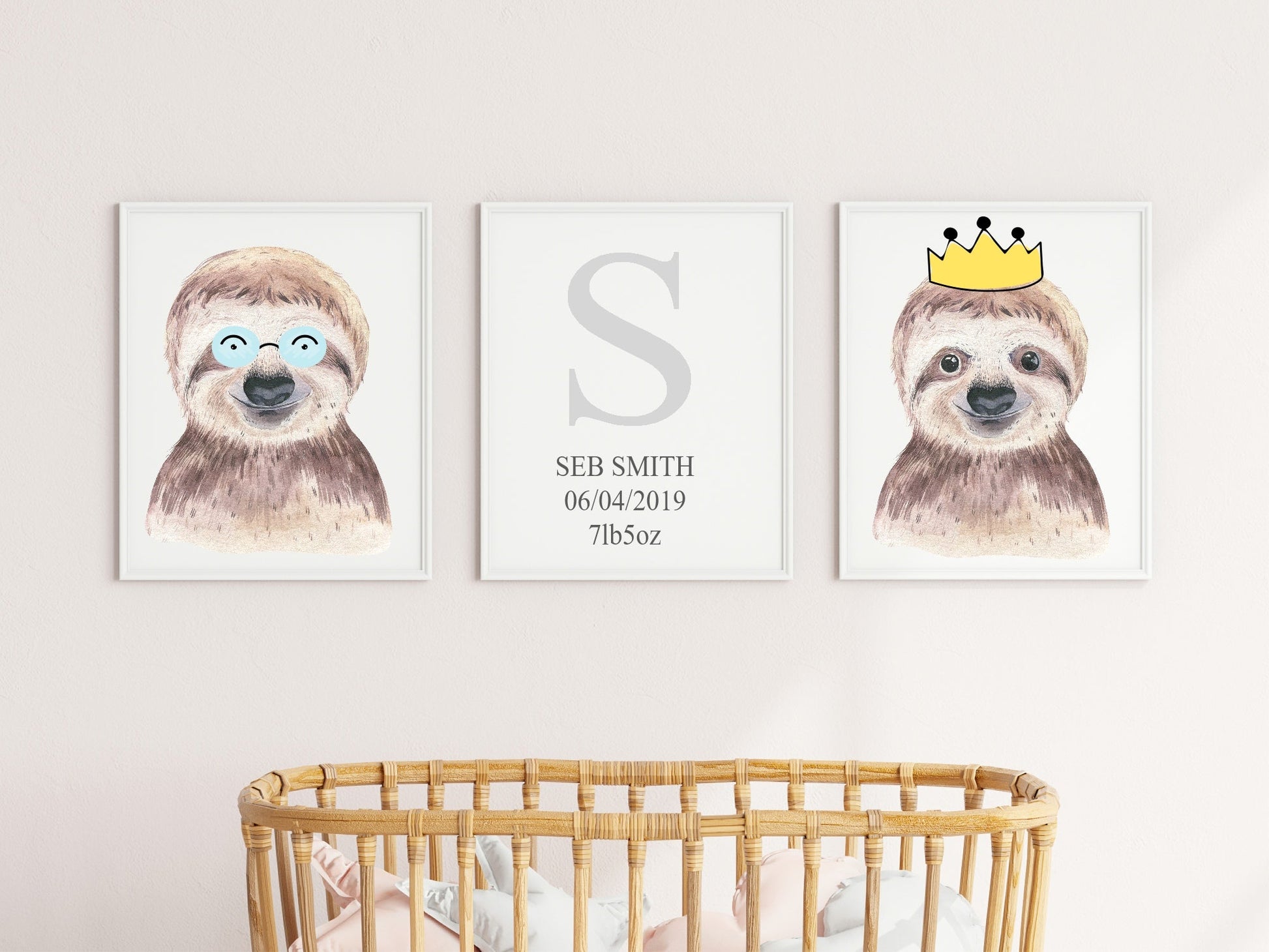 Personalised Set Of 3 Watercolour Animal Prints | Suzie The Sloth All Dressed Up | Nursery Wall Art | Crown