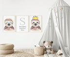 Personalised Set Of 3 Watercolour Animal Prints | Suzie The Sloth All Dressed Up | Nursery Wall Art | Crown - Larosier Prints