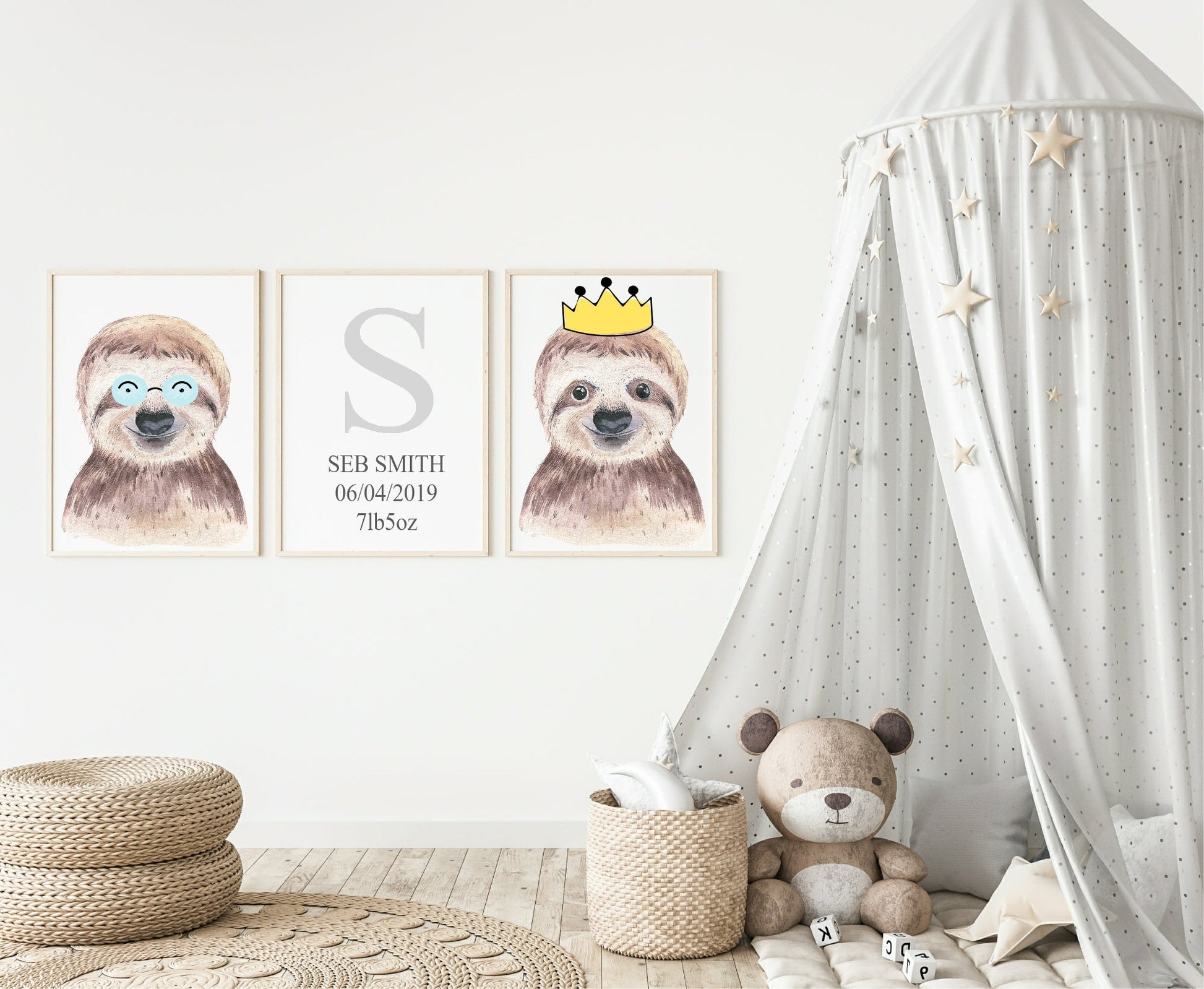 Personalised Set Of 3 Watercolour Animal Prints | Suzie The Sloth All Dressed Up | Nursery Wall Art | Crown