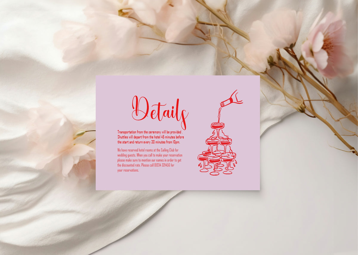 Pink & Red Champagne Enclosure Details Cards lifestyle display