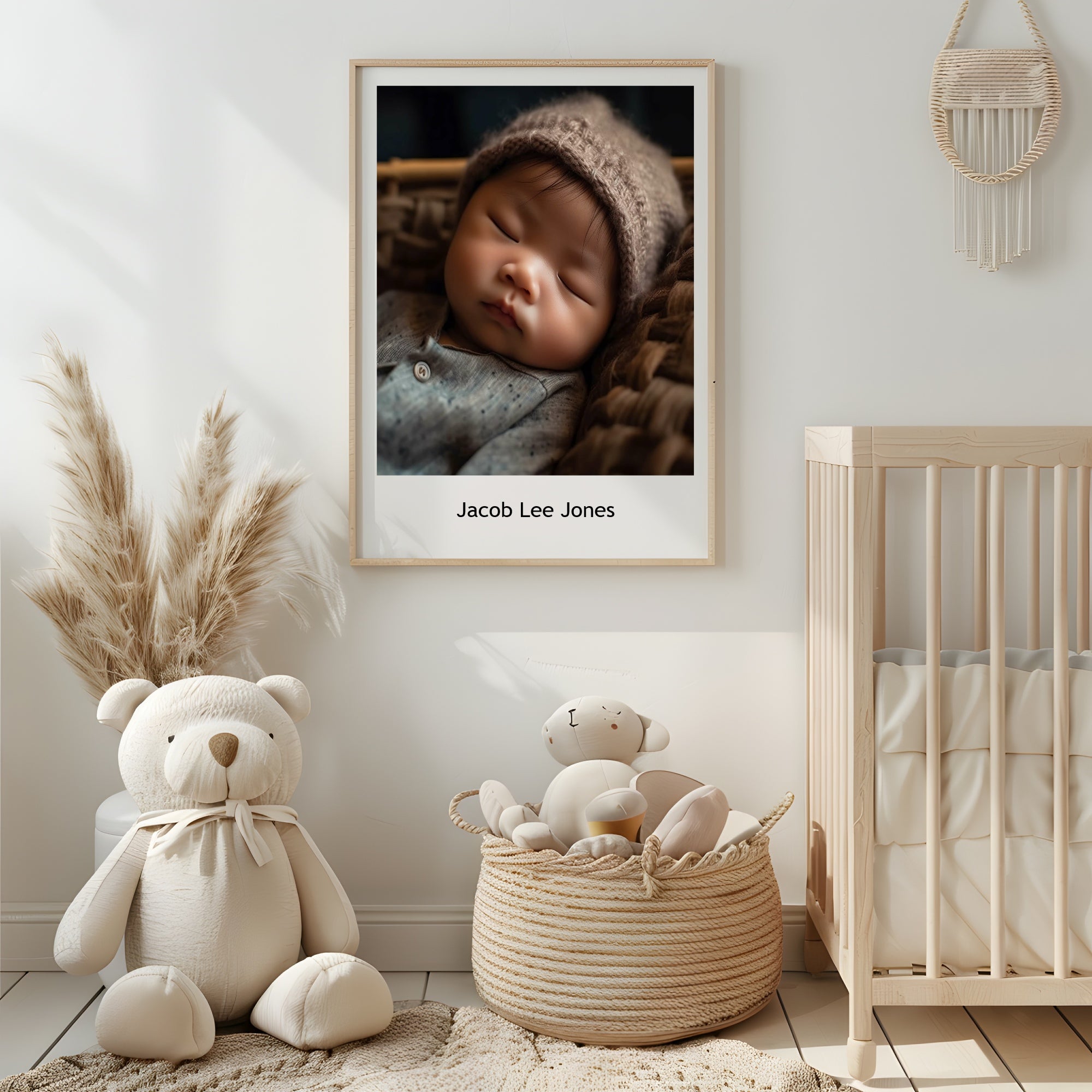 Nursery room with a framed photo of a baby, teddy bear, and basket of toys.