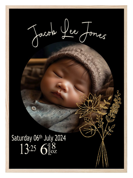 Personalised Birth Flower Birth Details Photo Print | Black Or White