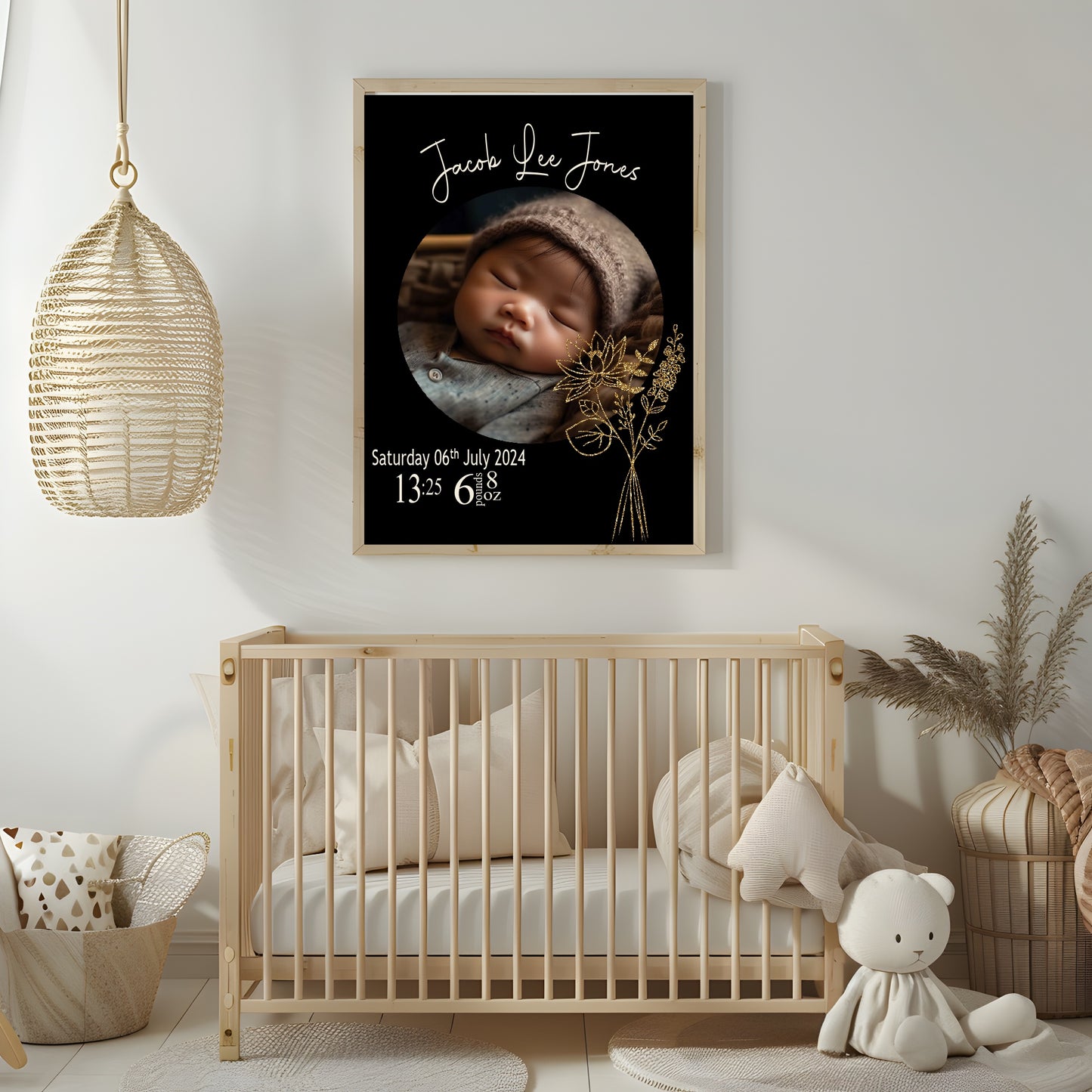 Personalised Birth Flower Birth Details Photo Print | Black Or White