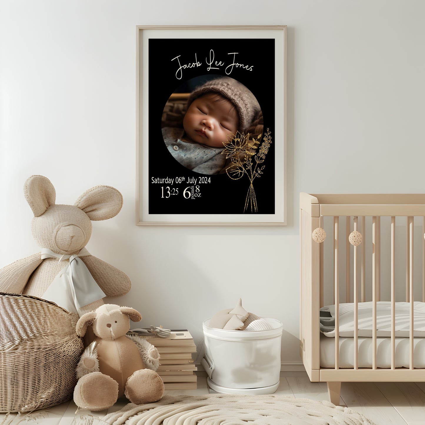Personalised Birth Flower Birth Details Photo Print | Black Or White