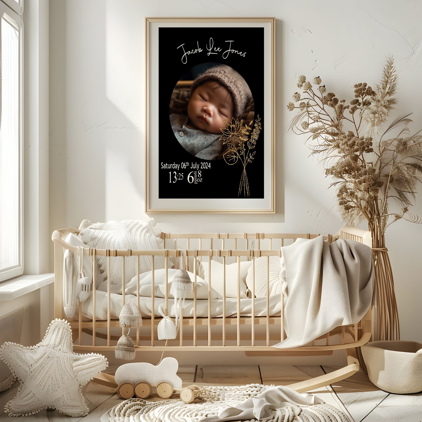 Personalised Birth Flower Birth Details Photo Print | Black Or White