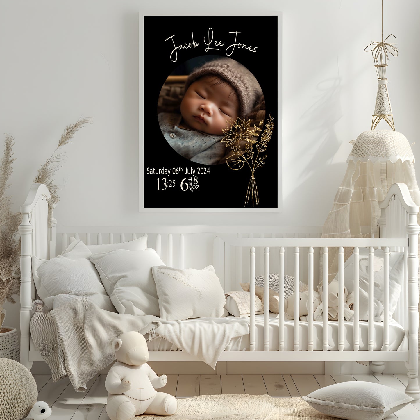 Personalised Birth Flower Birth Details Photo Print | Black Or White
