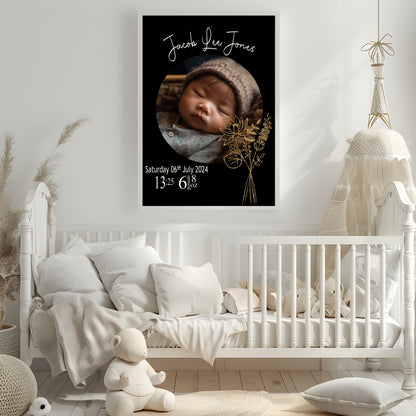 Personalised Birth Flower Birth Details Photo Print | Black Or White