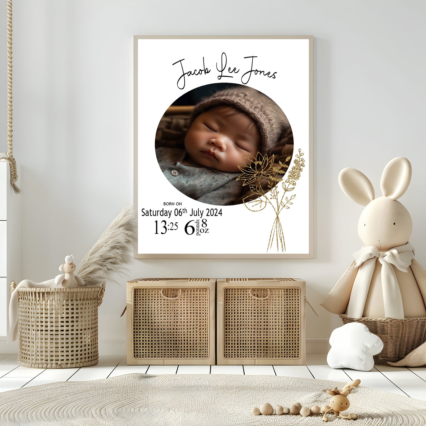 Personalised Birth Flower Birth Details Photo Print | Black Or White